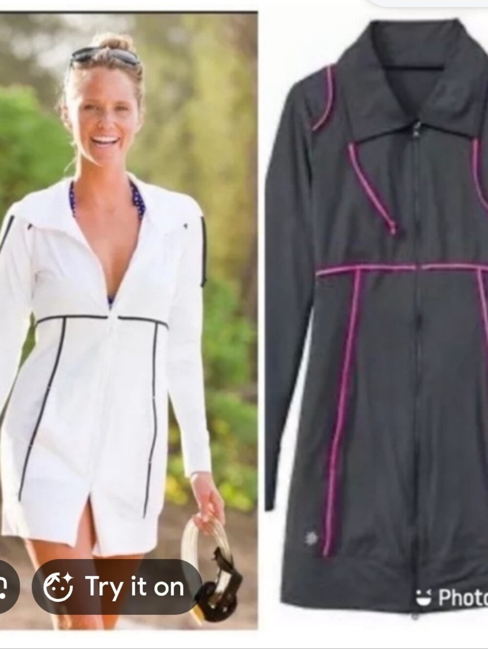 🌿🍒 Athleta Spinnaker Long Gray Sun Jacket with pink trim Size M 🍒🌿